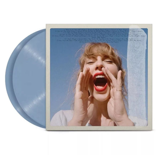Vista del set 2 LP Crystal Skies Blue de 1989 (Taylor's Version) – Taylor Swift: los dos discos de vinilo azul y la funda desplegable del álbum.